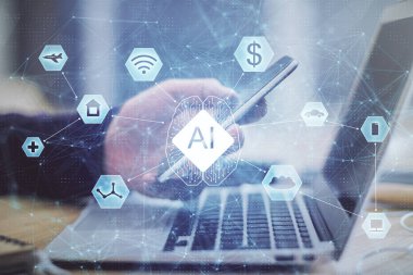 Dijital bir cihaz ve veri temalı çizim kullanarak erkeklerin el ele tutuşması. Yenilik kavramı.