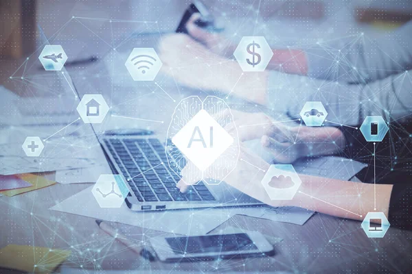 Mehrfachbelichtung von Frauenhänden, die an Computer- und Datenthematik-Hologrammzeichnung arbeiten. Tech-Konzept. — Stockfoto