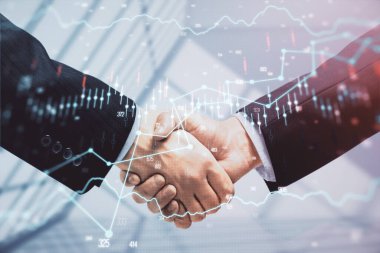 Forx grafik hologramı ve iki adamın el sıkışması. Borsa konsepti.