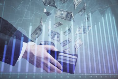 Finansal grafiğe çoklu pozlama hologram, Amerikan dolarları ve insan eli. Analiz kavramı.