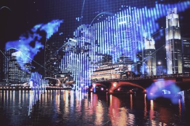 İş temalı hologram çizimine ve şehrin arka planına çifte maruz kalma. Başarı kavramı.