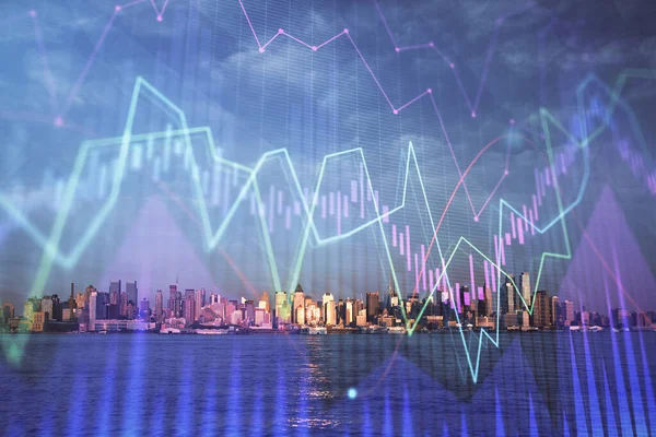 Gráfico de divisas en paisaje urbano con rascacielos fondo de pantalla doble exposición. Concepto de investigación financiera . —  Fotos de Stock