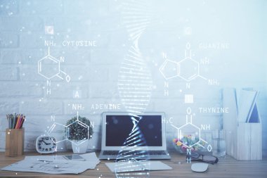 Masaüstü bilgisayar arkaplanı ve DNA çizimi. Çifte maruziyet. Bilim konsepti.