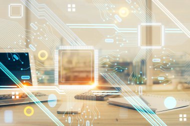 Masaüstü bilgisayarı ve teknoloji temalı holograma çift pozlama. Yazılım geliştirme kavramı.