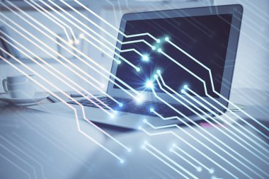 Bilgisayar ve teknoloji temalı çizimlere çifte maruz kalma. Yenilik kavramı.