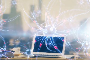 Masaüstü bilgisayar arkaplanı ve nöron çizimi. Çifte maruziyet. Eğitim kavramı.