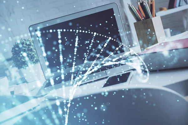 Masaüstü bilgisayar arkaplanı ve DNA çizimi. Çifte maruziyet. Bilim konsepti.