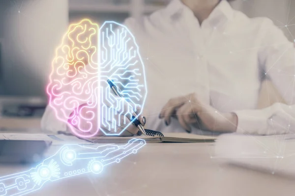 Exposición múltiple de escritura mano sobre fondo con holograma cerebral. Concepto de autoaprendizaje. —  Fotos de Stock