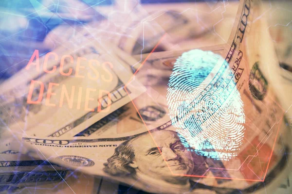 Doppelte Belichtung des Fingerabdruckscans über dem Hintergrund eines US-Dollarscheins. Konzept der Sicherheit des sicheren Zugangs. — Stockfoto