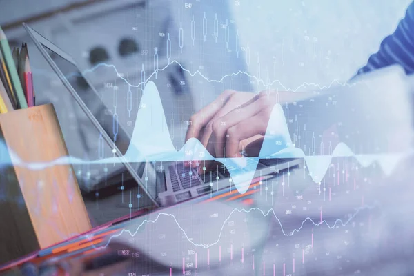 Double exposure of woman hands typing on computer and forex chart hologram drawing. Stock market invest concept. — Stock Photo, Image