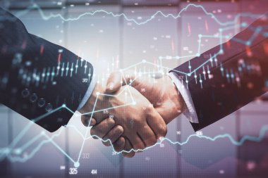 Forx grafik hologramı ve iki adamın el sıkışması. Borsa konsepti.