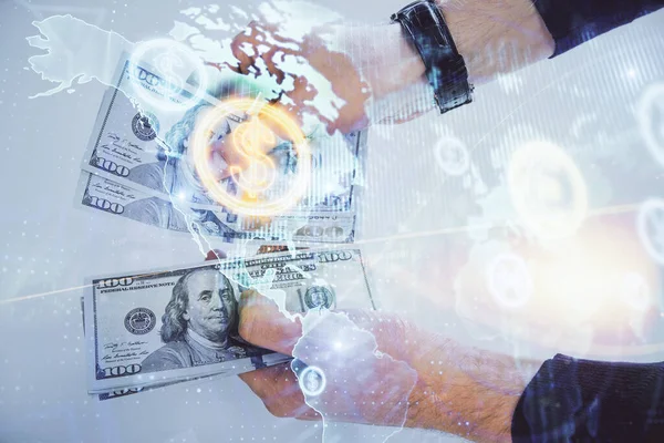 Mehrfachbelichtung von Finanzgraphen, die Hologramme und Dollarscheine und Menschenhände zeichnen. Analysekonzept. — Stockfoto