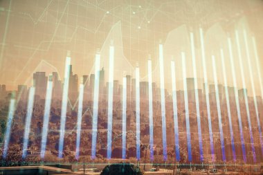 Gökdelenler, duvar kağıtları ve çoklu pozlama ile şehir manzarasının eski çizelgesi. Finansal araştırma kavramı.