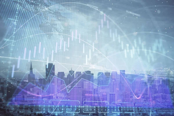Forex graf på stadsbilden med skyskrapor bakgrund multi exponering. Begreppet finansiell analys. — Stockfoto