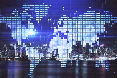 İş temalı hologram çizimine ve şehrin arka planına çifte maruz kalma. Başarı kavramı.