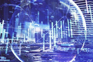 İş temalı hologram çizimine ve şehrin arka planına çifte maruz kalma. Başarı kavramı.