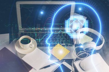 Masaüstü bilgisayarı ve insan beyni hologram çiziyor. Ai kavramı.