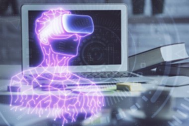 AR tema simgesi olan bilgisayar masaüstünde. Çoklu maruz kalma. Artırılmış gerçeklik kavramı.