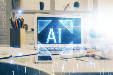 Masaüstü bilgisayar ve teknoloji temalı holograma çoklu maruz kalma. Yazılım geliştirme kavramı.