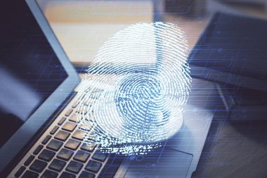 Ofisteki bilgisayarın parmak izi çizimi. Çifte maruziyet. İş veri güvenliği kavramı.