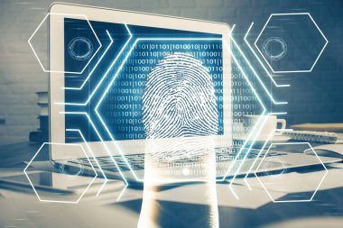 Ofisteki bilgisayarın parmak izi çizimi. Çifte maruziyet. İş veri güvenliği kavramı.