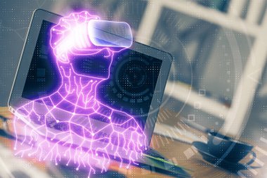 AR tema simgesi olan bilgisayar masaüstünde. Çoklu maruz kalma. Artırılmış gerçeklik kavramı.