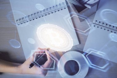 Şifreli para hologramı, kadınların el yazısı üzerine. Engelleme zinciri kavramı. Çift pozlama