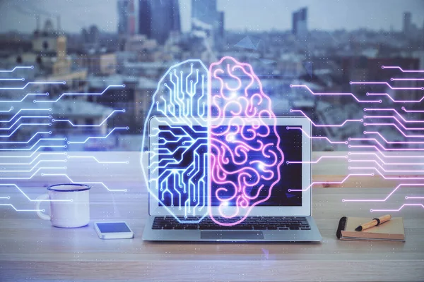 Doble exposición de la mesa con la computadora y el holograma cerebral. Concepto de innovación . —  Fotos de Stock