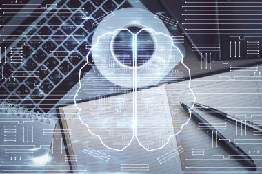 Üst görünüm çalışma masası arka planında bilgisayarla hologram çizerken çifte maruz kalma. Büyük veri kavramı.