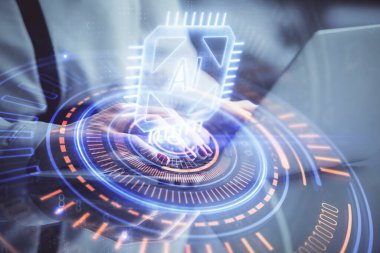 Bilgisayar ve veri temalı hologram çizimleri üzerinde çalışan kadın ellerine çok fazla maruz kalma. Teknoloji kavramı.