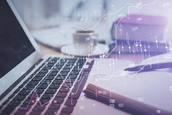 Double exposition de dessin de tableau financier et de bureau avec café et articles sur fond de table. Concept de trading sur le marché forex — Photo