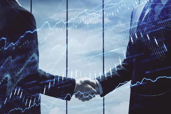 Dubbel exponering av forex grafhologram och handslag av två män. Börskoncept. — Stockfoto