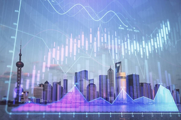 Gökdelenler arka planda çift pozlama ile şehir görünümünde eski grafik. Mali analiz kavramı. — Stok fotoğraf