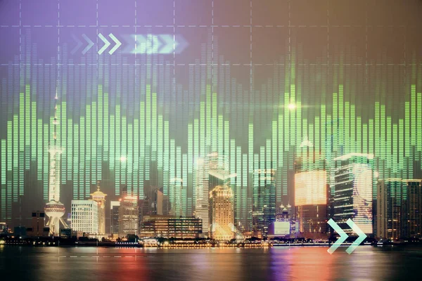 Financial graph on night city scape with tall buildings background double exposure. Analysis concept.