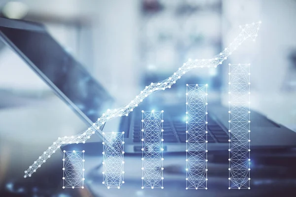 Forex graph hologram on table with computer background. 두 번 노출. 금융 시장의 개념. — 스톡 사진