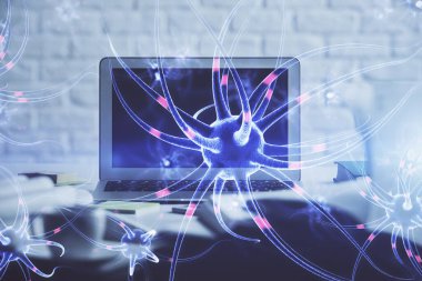 Masaüstü bilgisayar arkaplanı ve nöron çizimi. Çifte maruziyet. Eğitim kavramı.