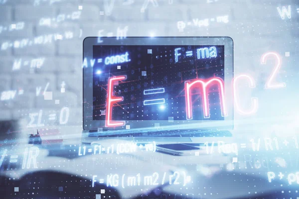 Desktop computer background and formula hologram writing. Double exposure. Education concept. — Stock Photo, Image