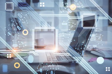 Bilgisayar ve teknoloji temalı çizimlere çifte maruz kalma. Yenilik kavramı.