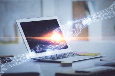 Teknoloji temalı çizim ve bilgisayarla çalışma alanı. Çoklu maruz kalma. Yenilik kavramı.