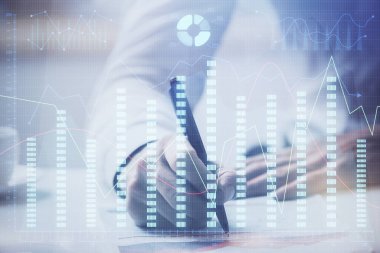 Finansal ticaret grafiği erkek masaüstü arkaplanı ile çoklu pozlama.