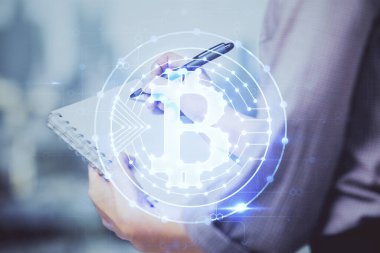 Şifreli para hologramı, kadınların el yazısı üzerine. Engelleme zinciri kavramı. Çift pozlama