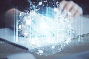 Kadınların el yazısı üzerine sosyal ağ temalı hologram. Uluslararası insanlar birbirine bağlanır. Çift pozlama