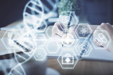 Kadınların el yazısı üzerine DNA temalı hologram. Eğitim kavramı. Çift pozlama