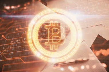 Telefonlu masanın üzerinde iki kat daha fazla engelleme temalı hologram görüntüsü var. Üst Manzara. Kripto teknolojisi kavramı.