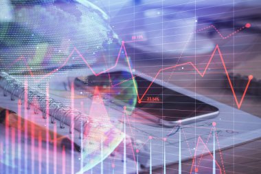 Ön plan çizimi ve cep telefonu arkaplanı çift pozlama. Mali veri analizi kavramı