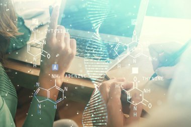 Double exposure of man and woman working together and DNA hologram drawing. Medical education concept. Computer background.