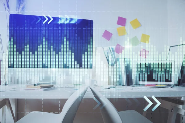 Double exposure of financial graph drawing and office interior background. Concept of stock market.