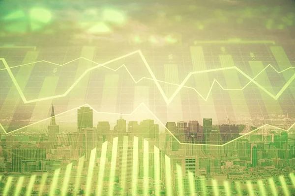 Forex graph on city view with skyscrapers background multi exposure. Financial analysis concept. — Stock Photo, Image