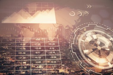 Yüksek binalar arka plan çift pozlama ile gece şehir scape mali grafik. Analiz kavramı.