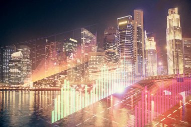 Yüksek binalar arka plan çok pozlama ile şehir scape mali grafik. Analiz kavramı.